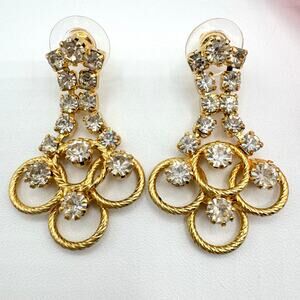 Vintage Prong Set Rhinestone Gold Tone Rope Circle Earrings Old Hollywood Glam